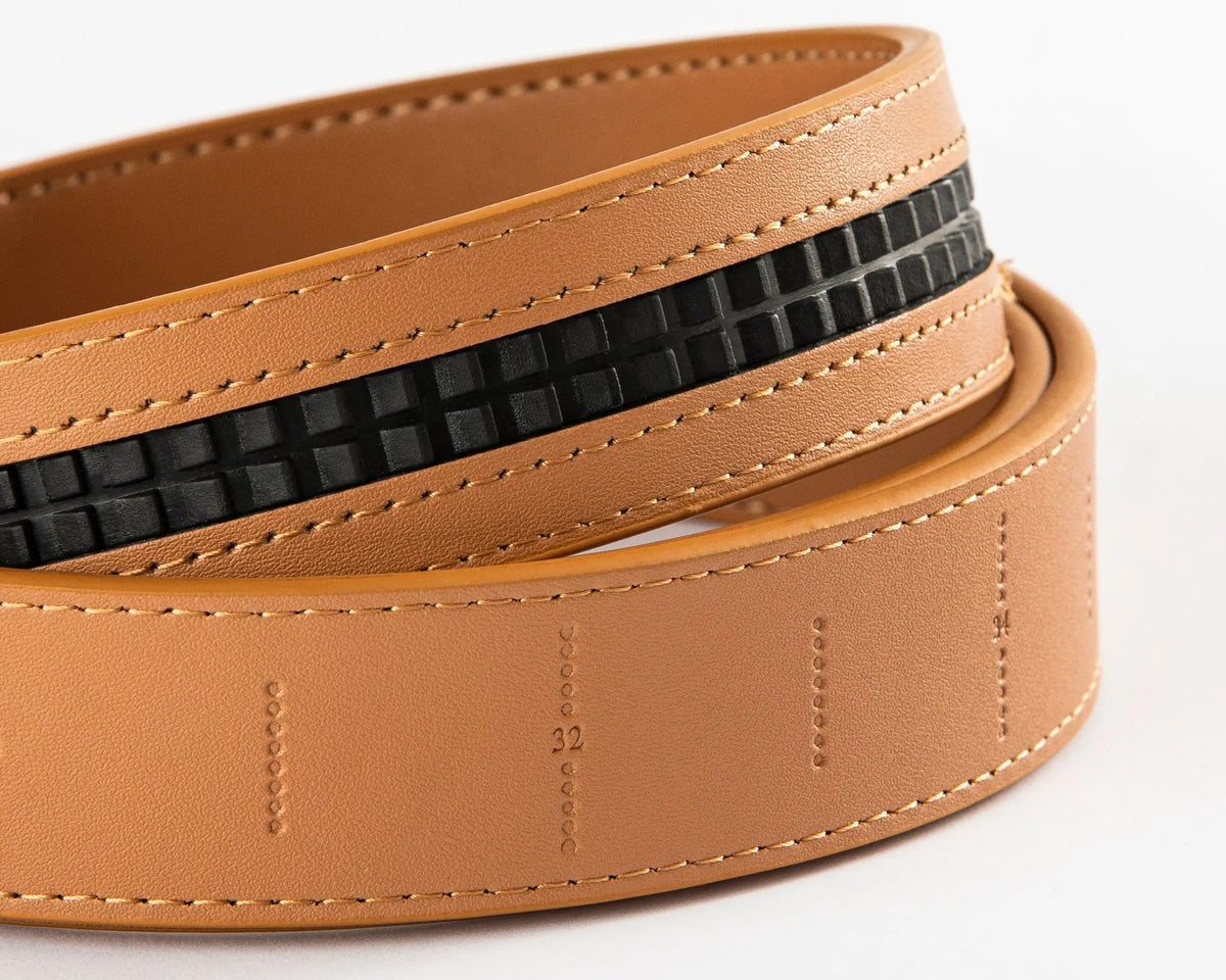 Dartee belt underside showing the ratchet track and printed cut-to-size markings