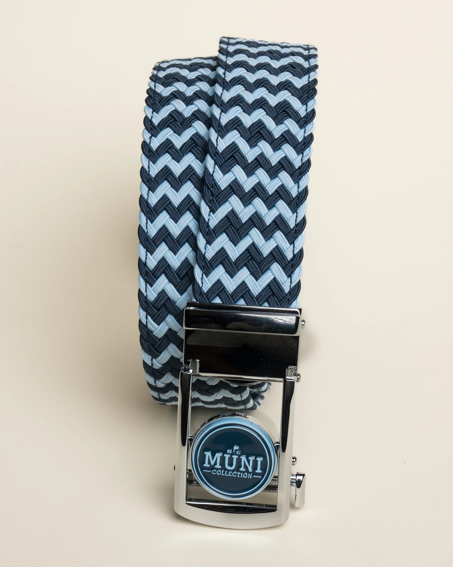 Weekend Warrior navy and light blue woven belt with MUNI Collection buckle
