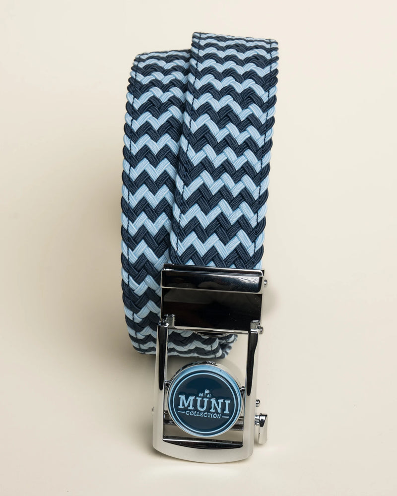 Weekend Warrior navy and light blue woven belt with MUNI Collection buckle