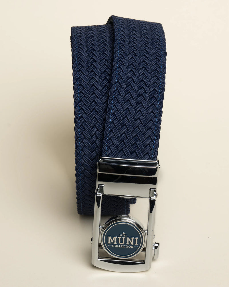 The Last Loop navy woven belt with MUNI Collection buckle
