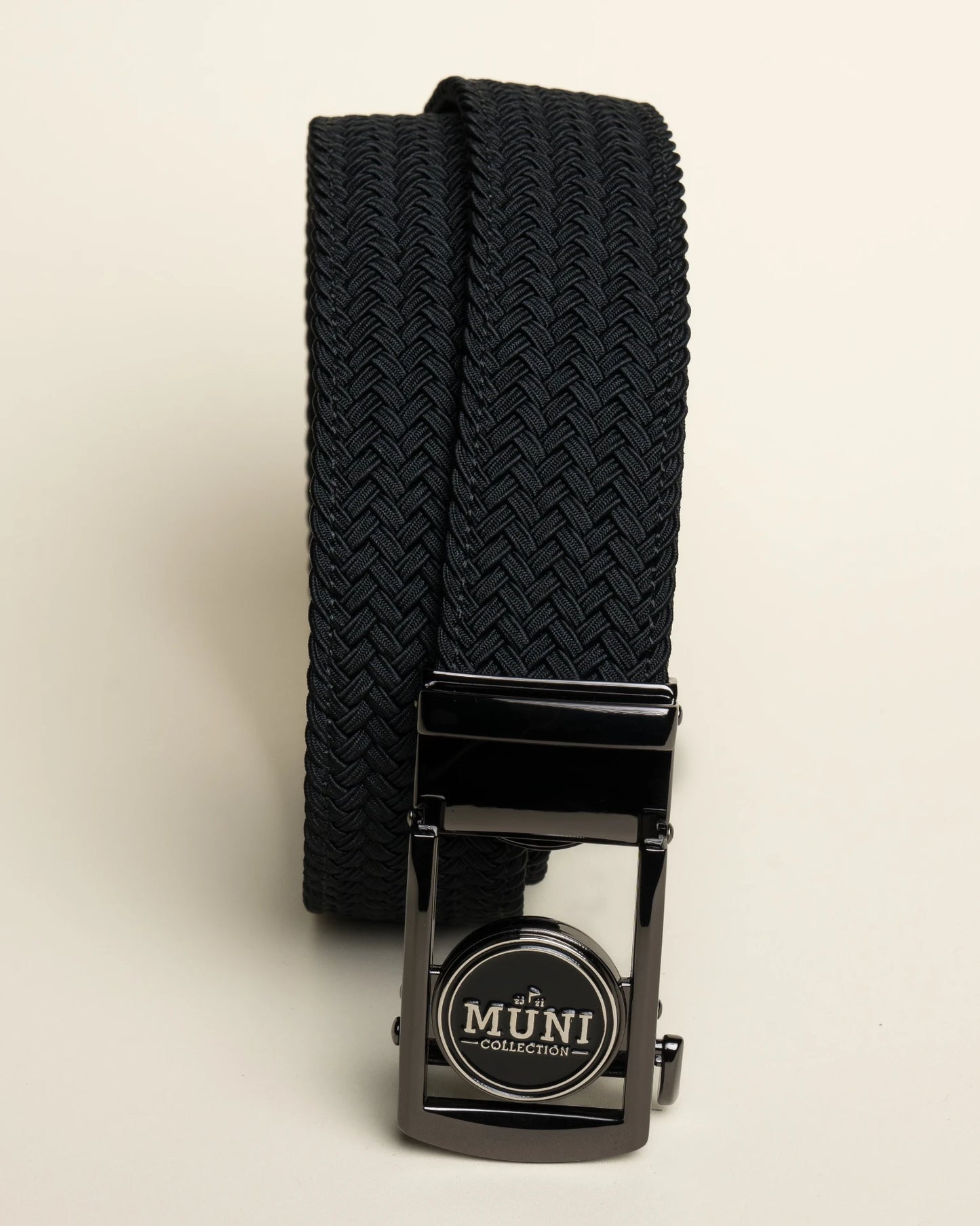 Skid Mark black woven belt with MUNI Collection buckle