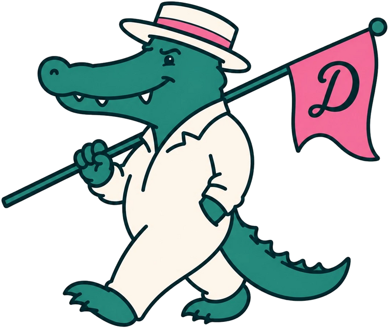 Dart the gator carrying a Dartee flag